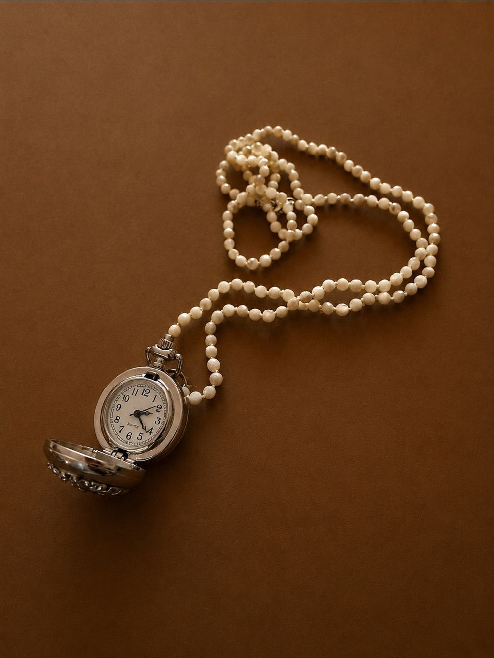 Vintage Silver Tone Quartz Pocket Watch Necklace – White Beaded Chain